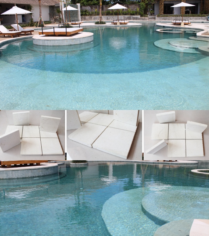 Bali white limestone natural stone tiles for elegant pool and wall design.