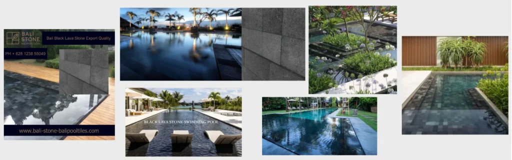 Bali Black Lava Stone Tiles - for swimming pools deep charcoal tones and rich volcanic texture